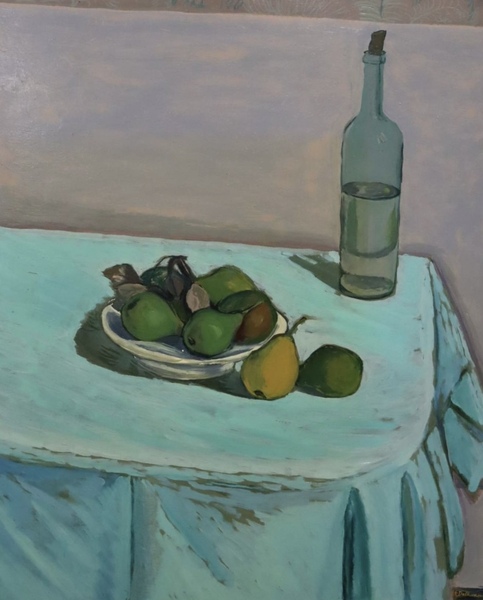 Still life with a bottle and pears - Eugene Delhomme