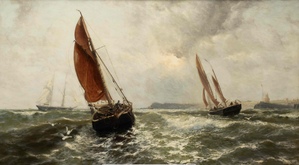 Sailing boats at a windy sea near the coast of Britain