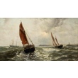 Sailing boats at a windy sea near the coast of Britain